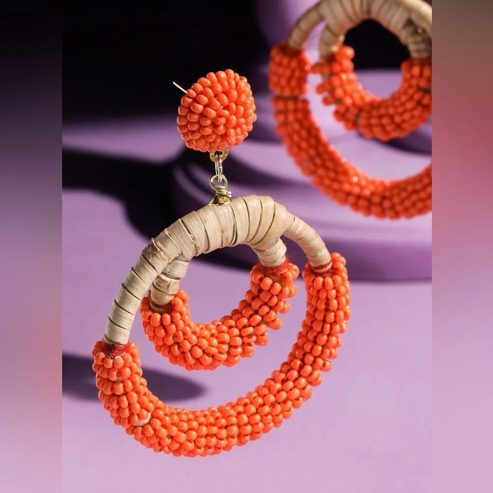 Orange Rattan Bead Seed Statement Earrings NWT LAST PAIR - Picture 3 of 4